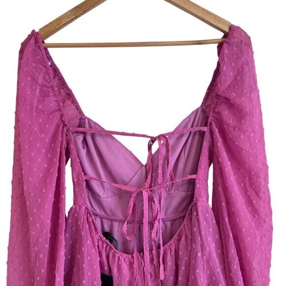 Lulus Longing And Love Pink Swiss Dot Puff Long Sleeve Mini Dress Size M NWT - Picture 7 of 9